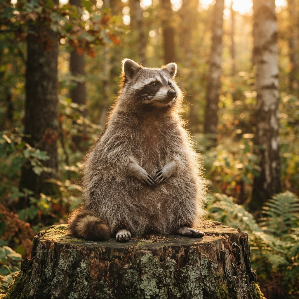 A distinguished raccoon sitting proudly on a tree stump in the forest