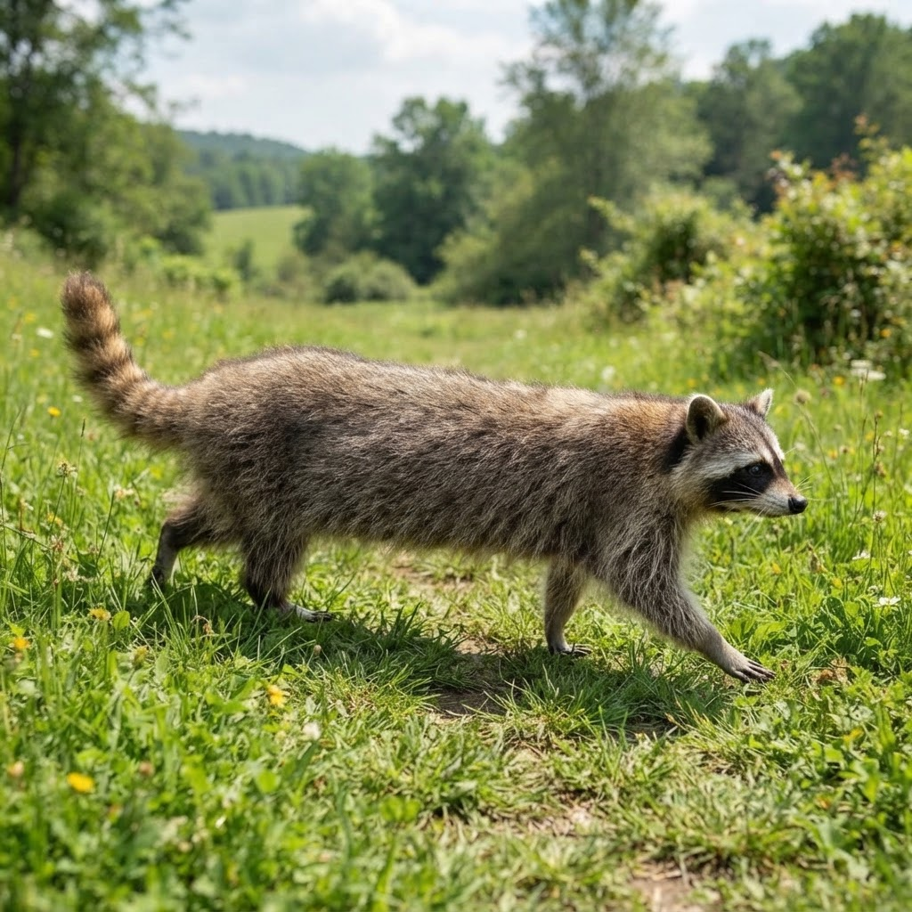 An extremely long raccoon walking through a grassy field