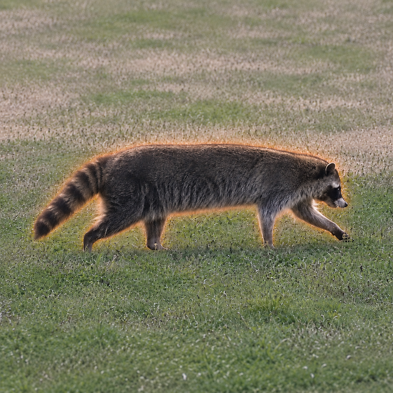 A raccoon glowing with an orange aura while walking through a field