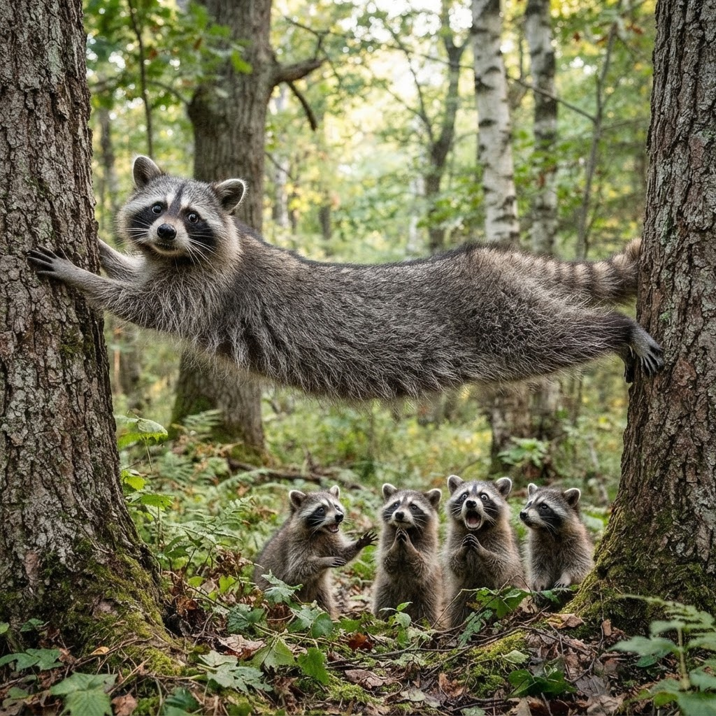 A long raccoon stretched between two trees like a bridge while other raccoons watch